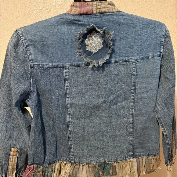 Denim Patchwork ruffle Jacket with Floral Accents by Young Threads - Picture 10 of 11
